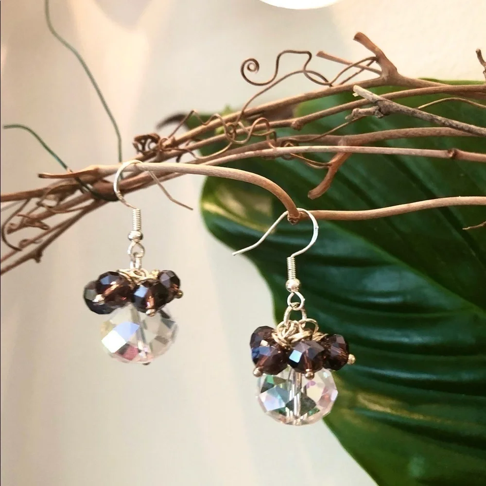 𝅺Sterling Silver Earrings Bead Fired Garnet & Austrian Crystal - Picture 6 of 12